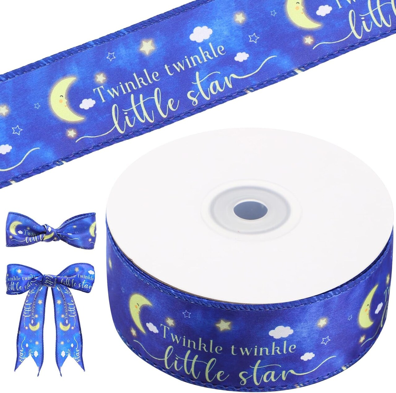 1.5'' 10 Yards Twinkle Twinkle Little Star Baby Shower Ribbon Moon and Star Baby Shower Decorations Gold and Blue Satin Ribbon for Wreath Crafts Cake Birthday Party Wedding Gift Wrapping